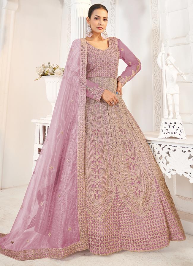 Pure Butterfly Net Pastel Pink Bridal Wear Zari Work Anarkali Suit